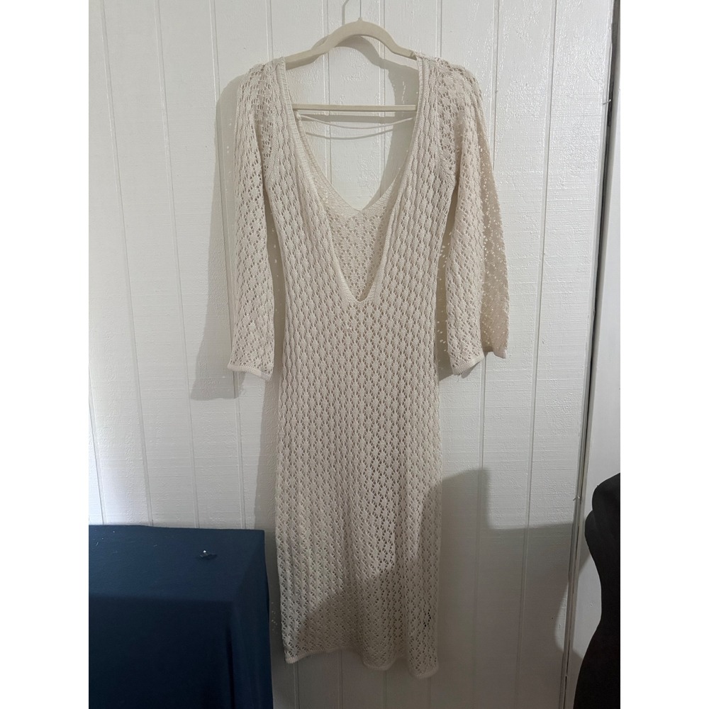 Cream Open Knit Crochet Midi Dress Bell Sleeve V-Neck Boho Size M 6
